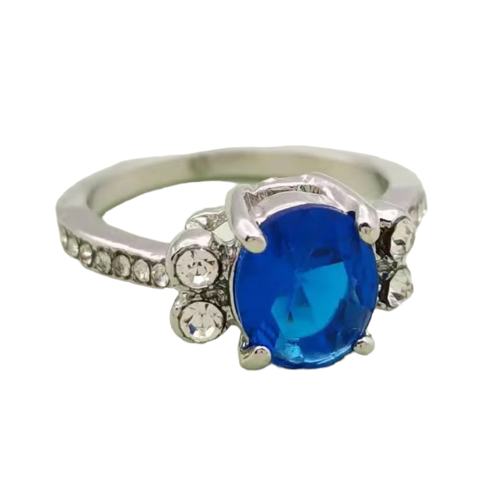 Silver And Sapphire Ring With Rhinestone Diamond Detail